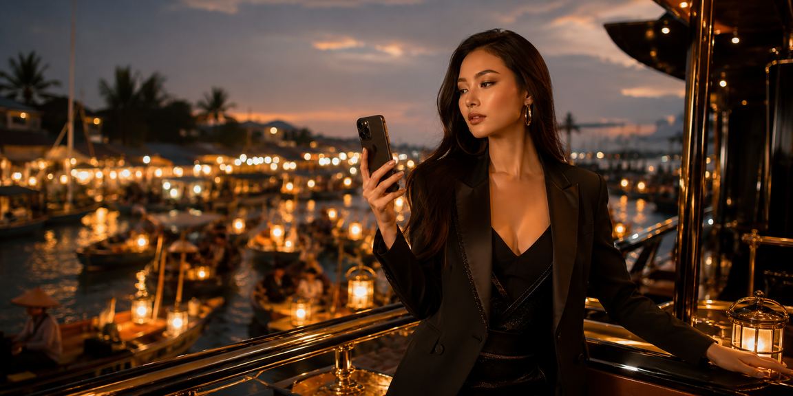 Người chơi truy cập casino trên điện thoại tại bãi biển Mũi Né dưới nắng chiều